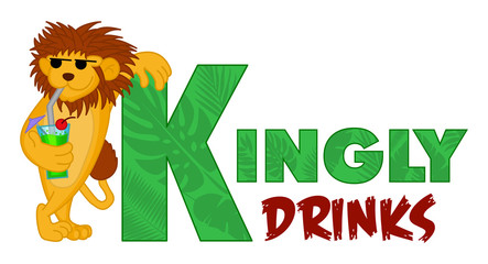 Creative vector logo of funny cool drinking lion. Animal wild mascot. Funny concept with the king of the jungle. For print, party, bar, restaurant, tavern, tap house, barroom, corporate identity.  