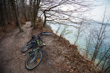 Recreation on Baltic coast in Poland. Bicycles up at the cliff in Gdynia Orlowo, Poland