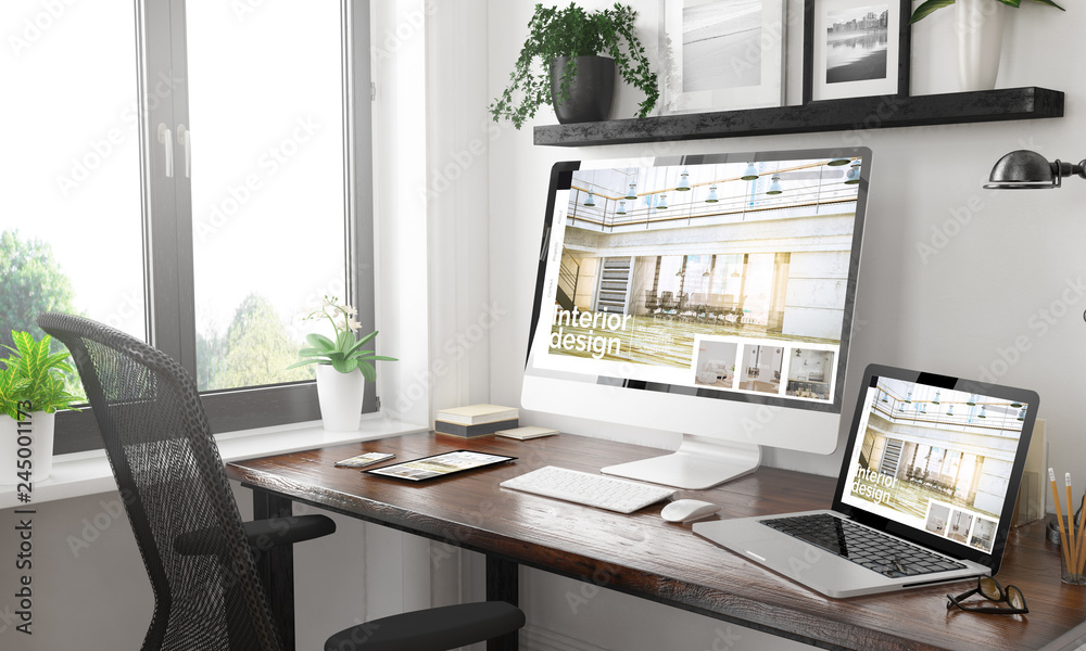 Wall mural black and white responsive devices mockup responsive website interior design