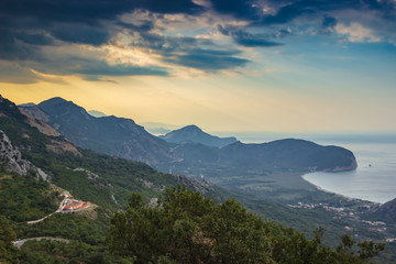 Dawn on the Adriatic coast in Montenegro. Panoramic view from the mountains. Soft focus and blurred background.