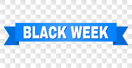 BLACK WEEK text on a ribbon. Designed with white caption and blue stripe. Vector banner with BLACK WEEK tag on a transparent background.