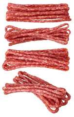 Long thin sausages on white background. Traditional frisian dried sausage sticks. Hunter sausages