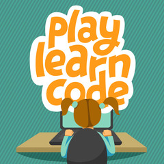 A vector image of a girl sitting at the desk and coding on the laptop with a green background. IT for children illustration. Play, learn, code