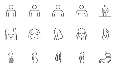 Obesity Vector Line Icons Set. Stages and Types of Obesity, Excess Weight, Localization of Body Fat. Editable Stroke. 48x48 Pixel Perfect.