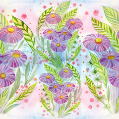 Flowers Bouquet with leaves, flowers and buds. Watercolor. Seamless pattern Collage of flowers and leaves on a watercolor background. Use printed materials, signs, objects, websites, maps.