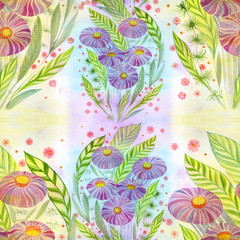 Flowers Bouquet with leaves, flowers and buds. Watercolor. Seamless pattern Collage of flowers and leaves on a watercolor background. Use printed materials, signs, objects, websites, maps.