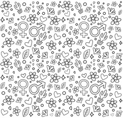 Valentine's day black and white seamless background with hearts and flowers. Pattern for web design and print. Vector illustration