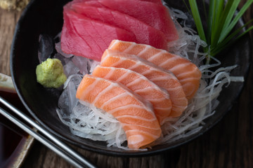 Salmon and tuna sashimi Japan style.