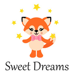 cartoon cute fox with tie and cartoon stars and text