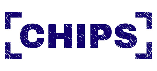 CHIPS tag seal print with corroded texture. Text label is placed inside corners. Blue vector rubber print of CHIPS with dust texture.