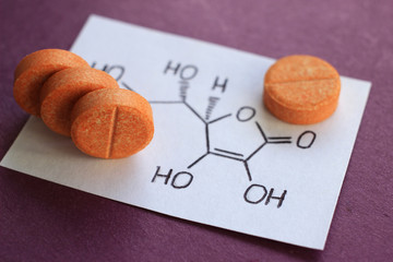 Vitamin C or Ascorbic acid and its structural formula,
