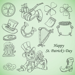 contour illustration coloring on the theme of St. Patricks day, set of elements for design