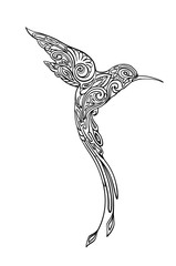 Stylized, monochrome hummingbird silhouette.