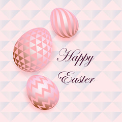 Golden eggs with geometric pattern, abstract pink ornament. Set of realistic eggs on a light background. Easter collection Vector Happy Easter symbols.