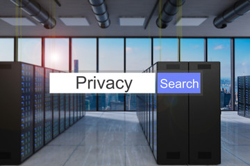 privacy search in blue search bar large modern server room skyline view, 3D Illustration