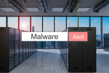 malware alert in red search bar large modern server room skyline view, 3D Illustration