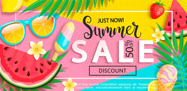 Summer sale banner with symbols for summertime such as ice cream, watermelon,strawberries,sunglasses.Vector illustration of discount template card, wallpaper, flyer,invitation, poster,brochure,voucher