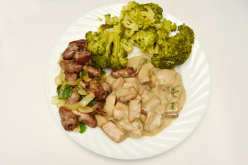 Stew with broccoli, chicken hearts and mushrooms