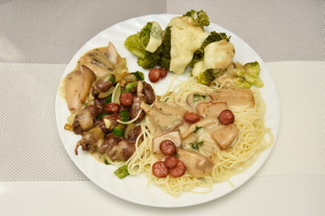 Stew with broccoli, chicken hearts and mushrooms