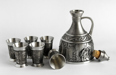 Pewter decanter and glasses