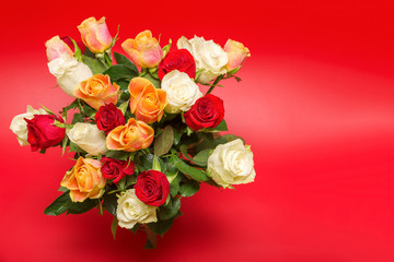 Bouquet of beautiful roses with water drops on a red background