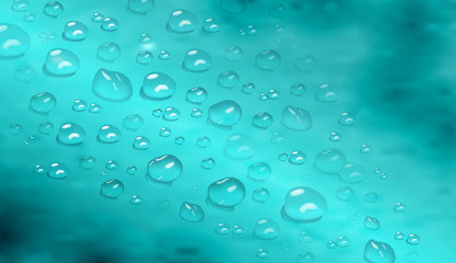 vector realistic water drops. modern realistic background of water drops on blue  background. design for cover design, wrapping paper, flyer, poster.