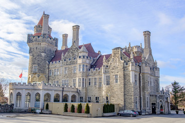 Fototapeta na wymiar Scenic view of Casa Loma theatre in Toronto. Beautiful winter look of ancient historic building in center of largest megapolis of Ontario province and Canada