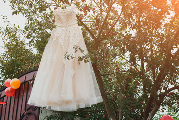 White elegant fashionable bride dress hanging on the apple tree in the garden. Wedding day ceremony details. Beautiful stylish details.
