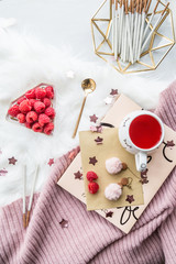 Cup of freshly brewed fruit and herbal tea, fresh raspberry, cookies, book, clothes. Photo for fashion, lifestyle and food blogs, content