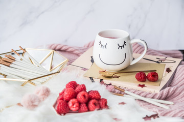 Cup of freshly brewed fruit and herbal tea, fresh raspberry, cookies, book, clothes. Photo for fashion, lifestyle and food blogs, content