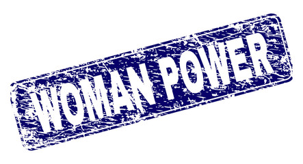 WOMAN POWER stamp seal imprint with grunge texture. Seal shape is a rounded rectangle with frame. Blue vector rubber print of WOMAN POWER label with grunge texture.