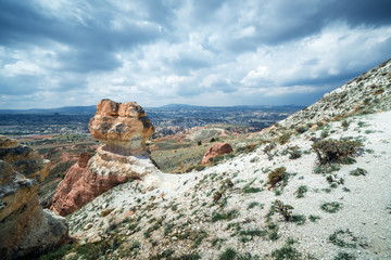 Amazing sunrise in Cappadocia mountains, Turkey. Travel landscape photography