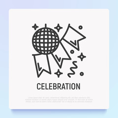 Disco ball and garland, party decoration thin line icon. Modern vector illustration.