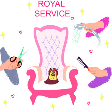 vector image of a little dog in a big chair and hand written Royal Service