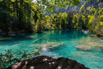 Fototapeta premium Blausee Blue Lake nature park in early fall Kandersteg Switzerland