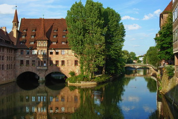 NURENBERG, GERMANY 2008, - View from a historical arch bridge called Museumsbrucke to the Heilig Geist Hospital in the old town part of Nurnberg 