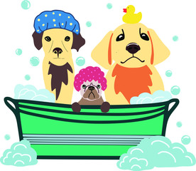 bath with foam and soap bubblesvector image of three dogs sitting in a bath with foam and soap bubbles