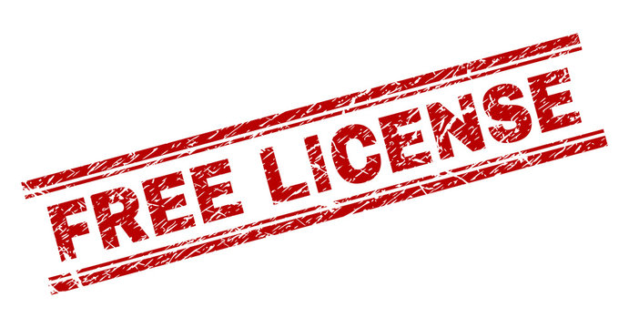 FREE LICENSE seal imprint with corroded texture. Red vector rubber print of FREE LICENSE label with corroded texture. Text label is placed between double parallel lines.