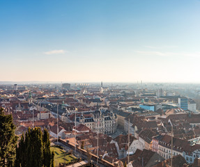 View of Graz City from castle hill Schlossberg, Travel destination.