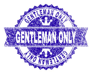 GENTLEMAN ONLY rosette seal imitation with distress style. Designed with round rosette, ribbon and small crowns. Blue vector rubber watermark of GENTLEMAN ONLY label with dust style.