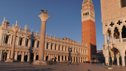 Fototapeta premium The Elegance of Venice Panorama at Sunrise with nobody and Golden Sun Light over the Grand Canal
