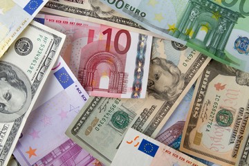 Fototapeta na wymiar Euro and Dollars Banknotes - Close Up