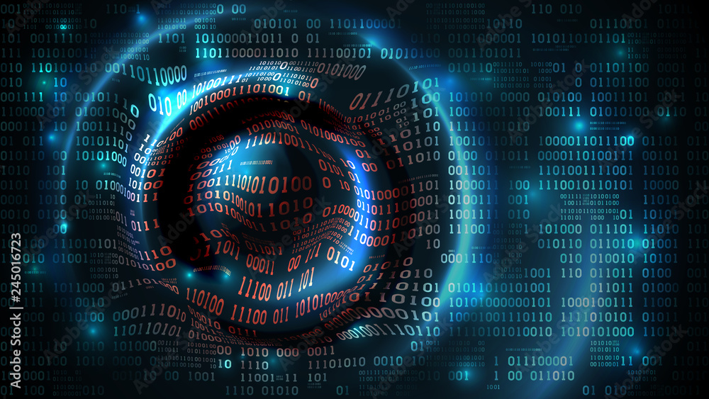 Poster Abstract futuristic background with binary code and circular waves, matrix cyberspace with digits, big data, vector