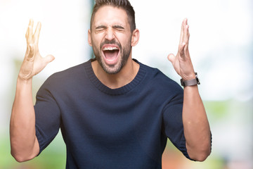 Young handsome man wearing sweater over isolated background celebrating mad and crazy for success with arms raised and closed eyes screaming excited. Winner concept