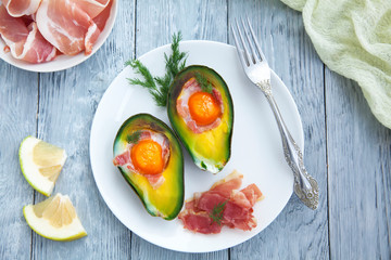 healthy Breakfast with avocado on wooden table,top view