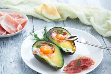 healthy Breakfast with avocado on wooden table