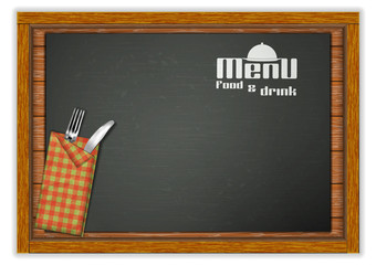 Restaurant menu template, knife and fork with a menu book on a wooden board table.