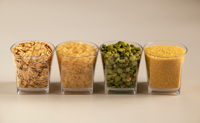 rice, peas, couscous, oatmeal, in transparent containers