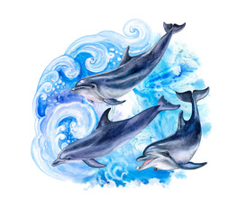 Dolphins in the sea waves. A flock of dolphins in the ocean. Composition with jumping dolphins isolated on white background. Watercolor painting. Illustration. Template. Clipart © Yuliia