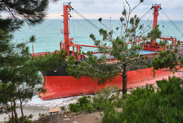 Naklejka premium GELENDZHIK, RUSSIA - JAN 19, 2019: The ship called Rio ran aground after a storm in the black sea. The ship went to the port of Novorossiysk for loading